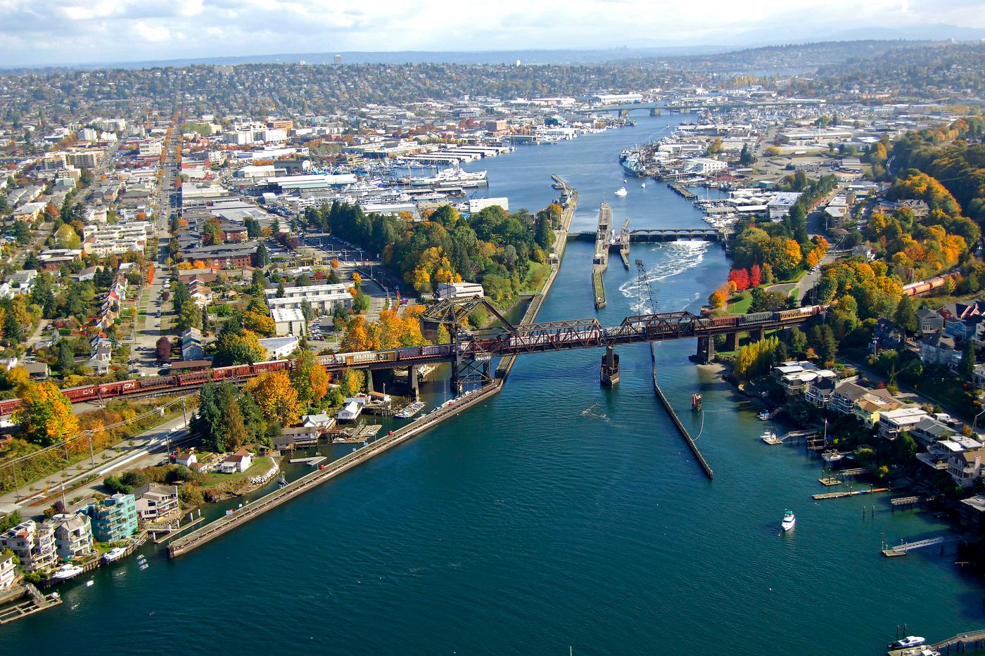 Aerial view of Seattle's ship canal and the Ballard Locks